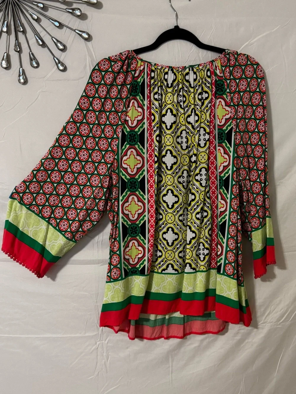 Women's Multi-Color Printed Preppy  Peasant Top Pinky yellow green 3X